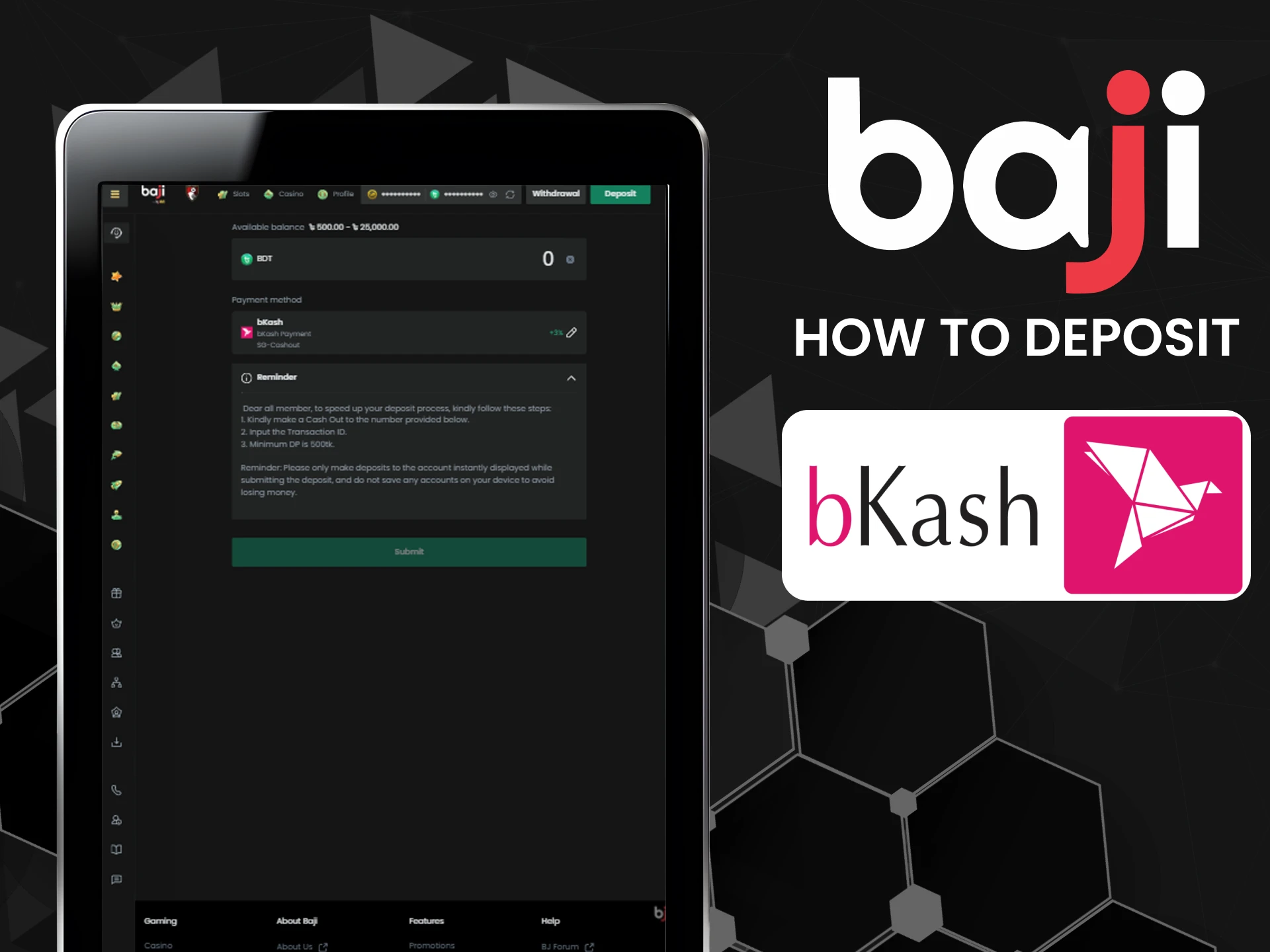 Learn how to make a deposit via bKash at Baji.